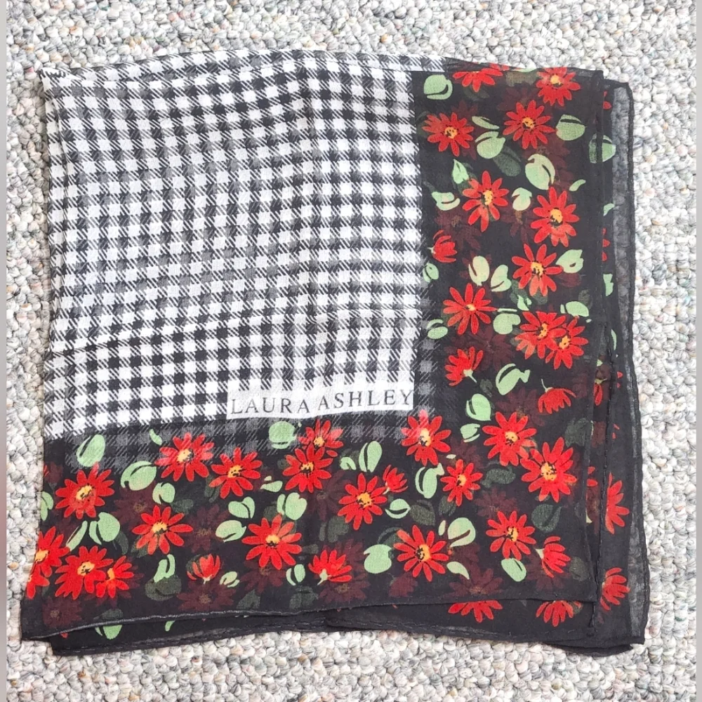 Laura Ashley Houndstooth/Floral Silk Neck Scarf